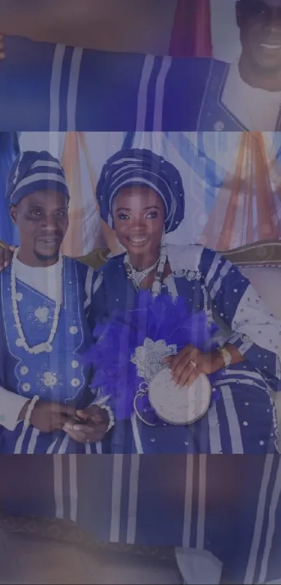 Elegant couple in traditional wedding attire seated on a classy sofa.