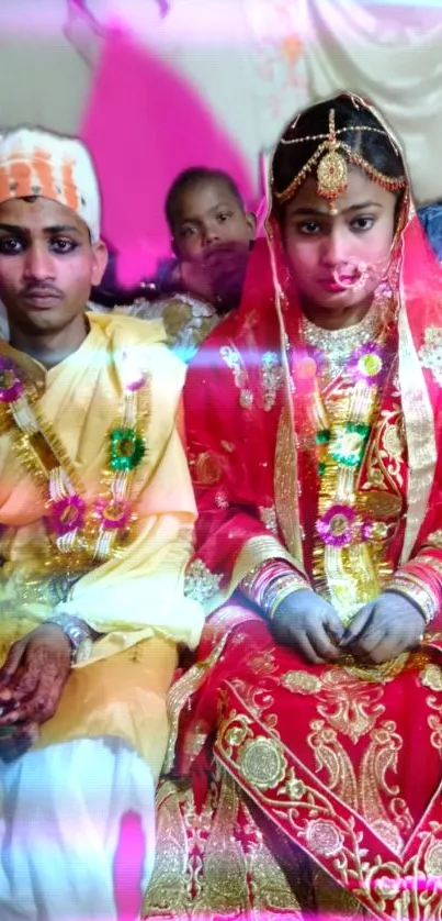 Traditional wedding attire with vibrant colors.