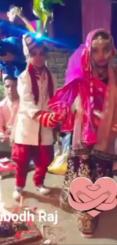 Traditional wedding scene with colorful attire and rituals.