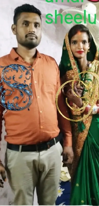 Traditional wedding portrait with vibrant attire.
