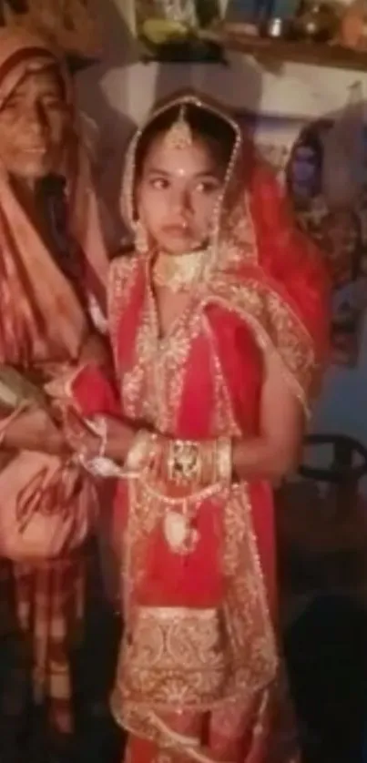 Traditional bride in red wedding attire with gold accents.