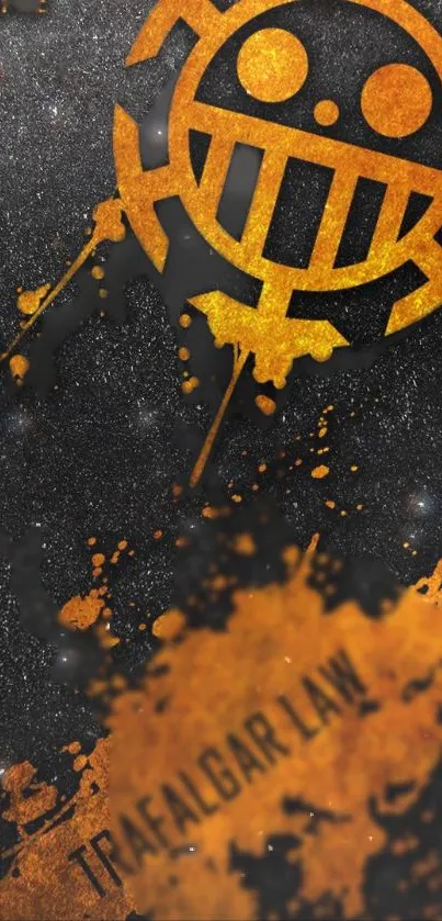 Trafalgar Law golden pirate symbol on dark wallpaper.