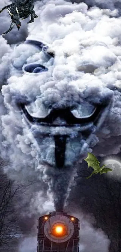 Wallpaper of a train with smoke forming a mask shape in the sky.