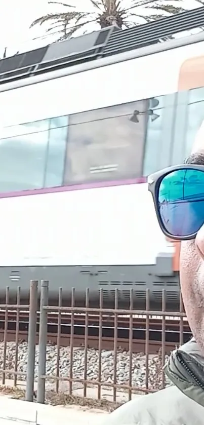 Man with sunglasses near passing train.