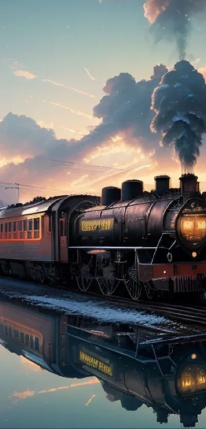 Beautiful vintage steam train on railway track at dusk.