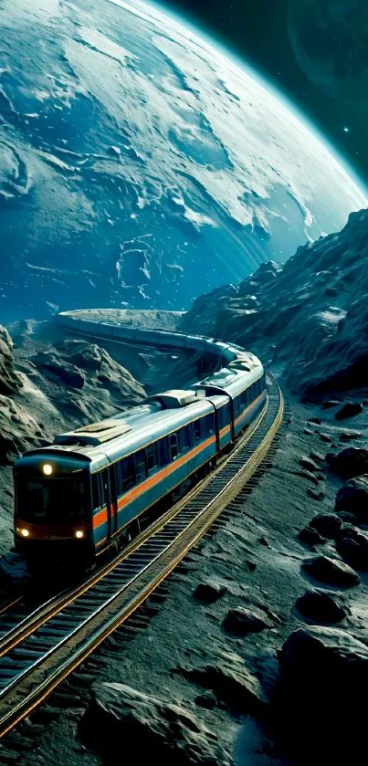 Futuristic train journey across a lunar landscape with Earth in the distance.