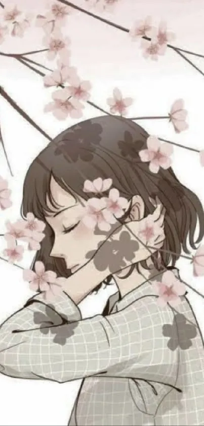 Anime girl surrounded by cherry blossoms with a serene expression.