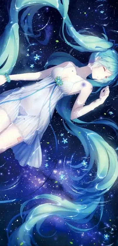 Blue-haired anime character floating in a starry galaxy.