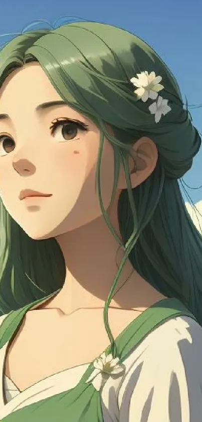 Anime girl with green hair against a serene natural background.