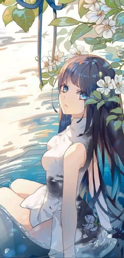 Anime girl in water with blossoms and vibrant blue tones.