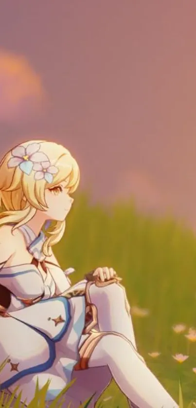 Anime character sitting in a grassy field at dusk with a serene sky.