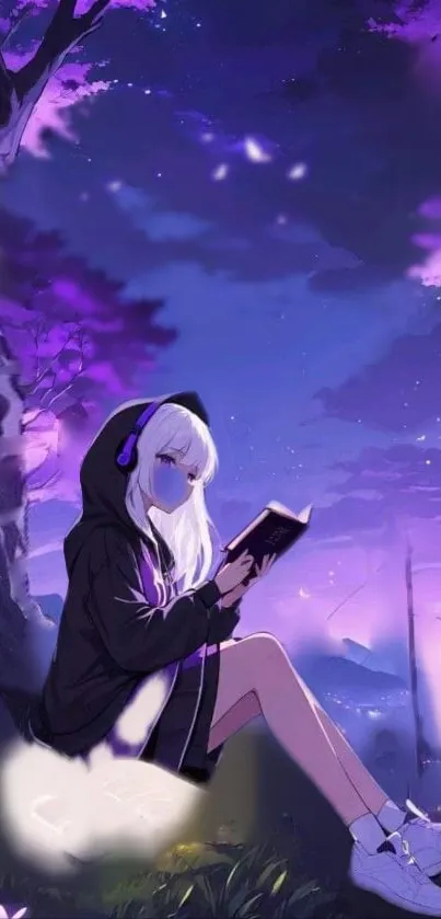 Anime girl reading under a purple sky.