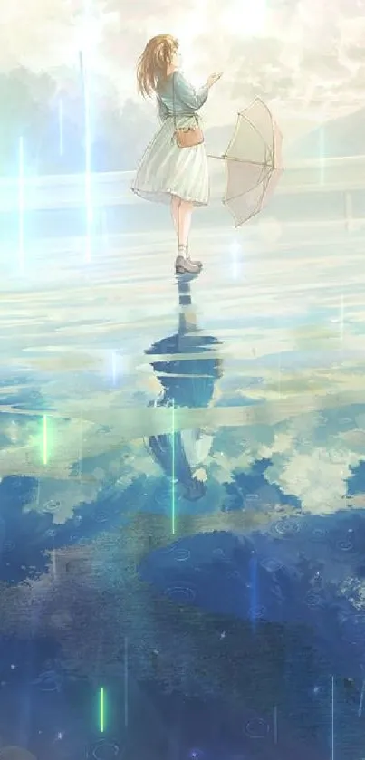 Girl holding umbrella, reflected on wet surface in anime style.