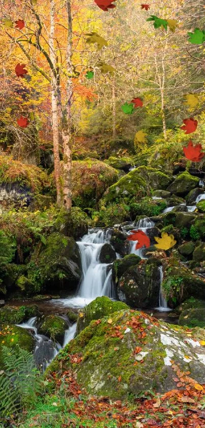 Tranquil autumn forest cabin with waterfall and vibrant foliage.