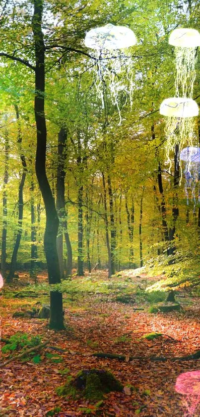 Sunlit autumn forest with fallen leaves and vibrant green foliage.