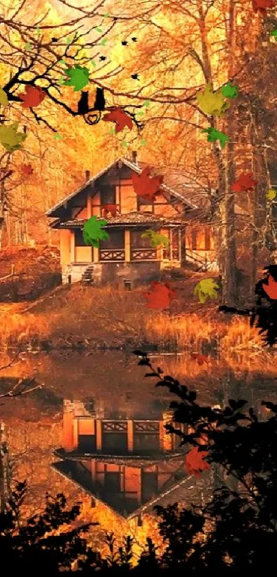 Autumn lake with cabin and colorful trees, reflecting tranquility.