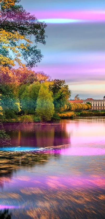 Serene autumn lakeside with vibrant trees and reflection.