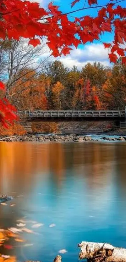 Autumn river scene with red leaves and a serene bridge view.