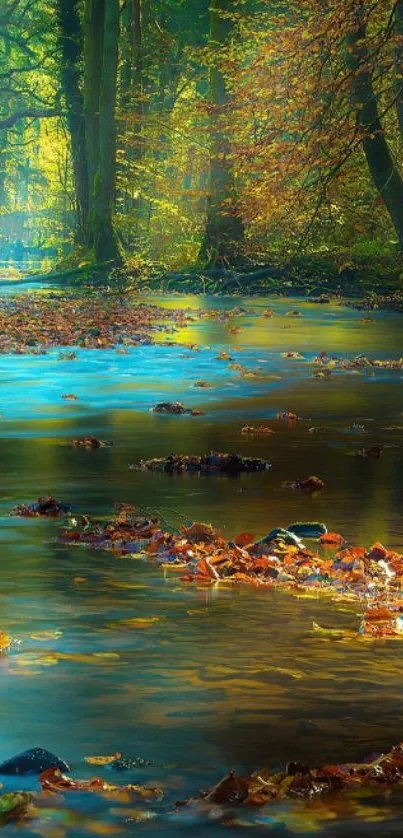 Tranquil autumn stream in lush forest.