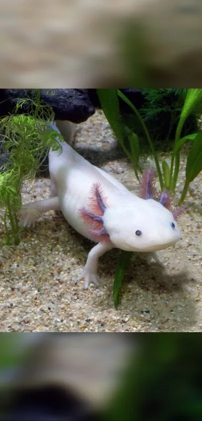 Serene axolotl in aquarium setting with plants.