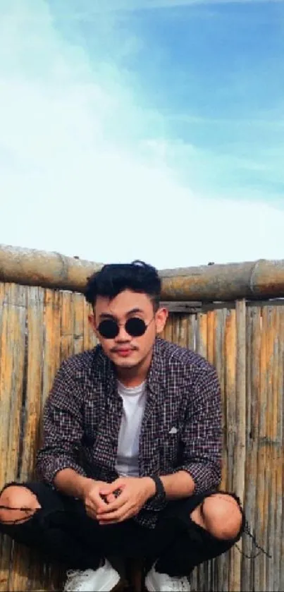 Person sitting against bamboo wall under blue sky.