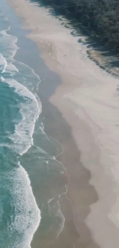 Aerial view of a turquoise beach and waves.