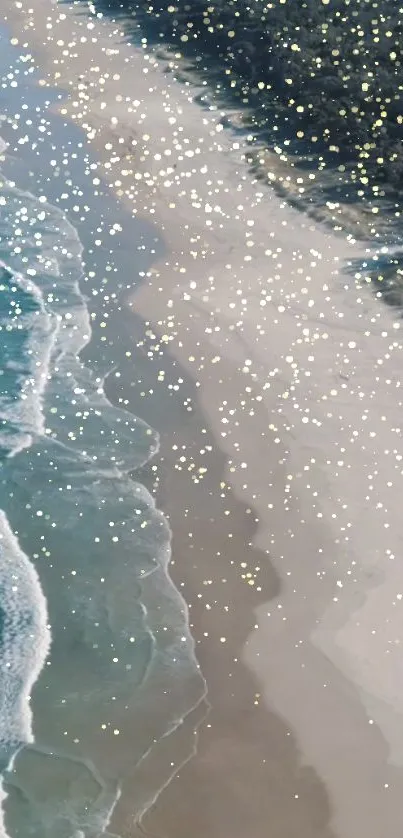 Aerial view of a serene beach with waves and shimmering light.