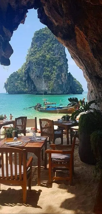 Serene beach view from inside a cave with ocean and distant islands.