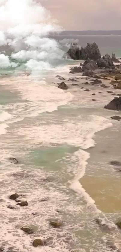 Tranquil coastline with waves and rocky shore.