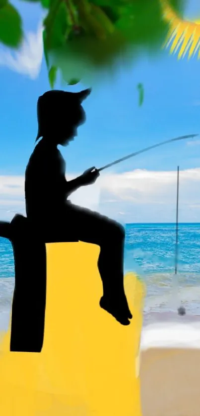 Silhouette of child fishing at a sunny beach under a blue sky.