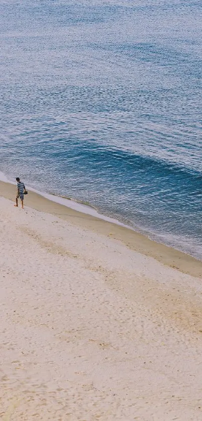 Aerial view of a peaceful sandy beach with soft waves gently rolling ashore.