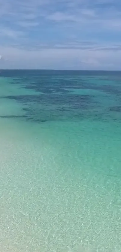 Serene turquoise beach with clear blue sky.