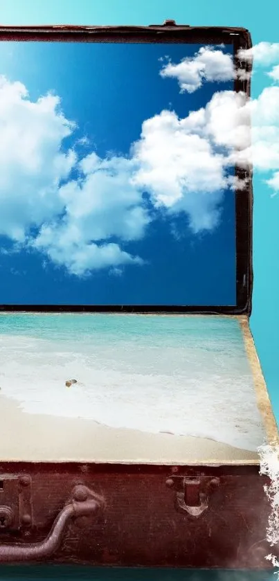 Creative beach scene with suitcase and ocean view wallpaper.