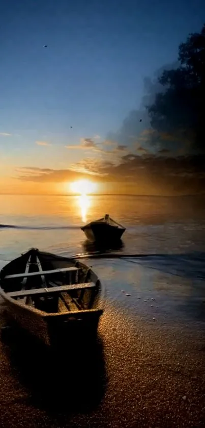 Sunrise over a tranquil beach with boats in the foreground.