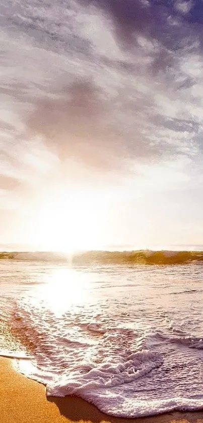 Tranquil beach sunrise with calm ocean waves and a light purple sky.