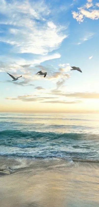 Beach sunrise with seagulls in a serene sky.