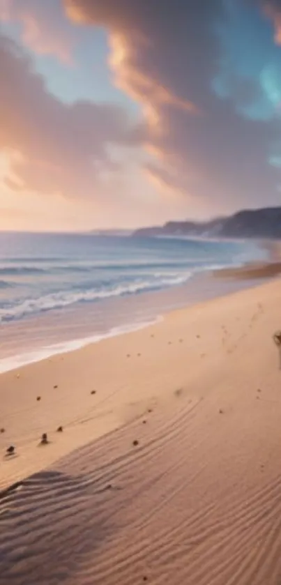 Tranquil beach with sunset, soft sand, serene ocean, and clouds.