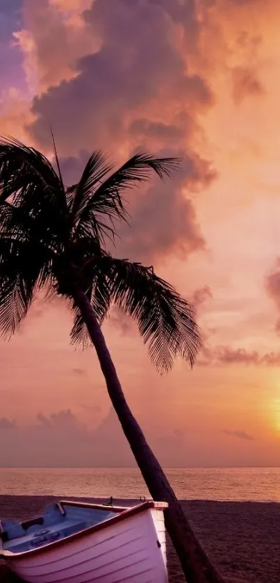 Mobile wallpaper of a sunset beach with palm tree and boat silhouette.