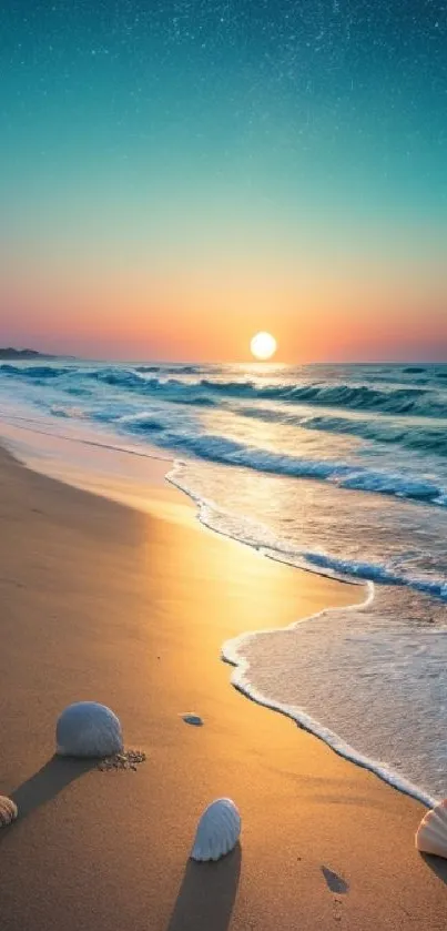 Serene beach with seashells at sunset, waves gently lapping the shore.