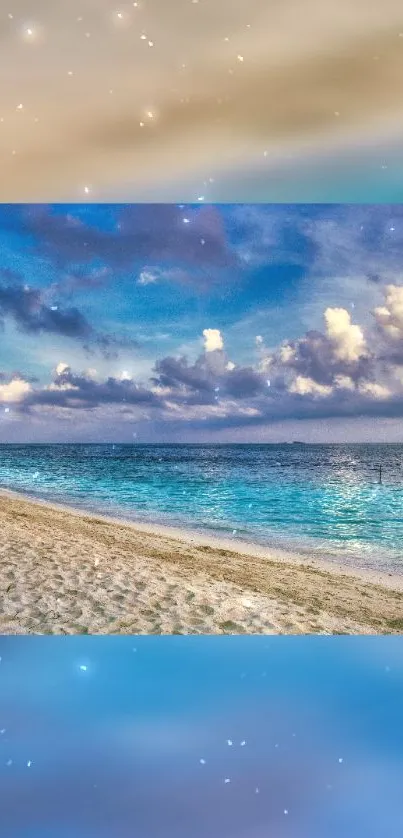 Calm beach sunset with vibrant blue sky and ocean.