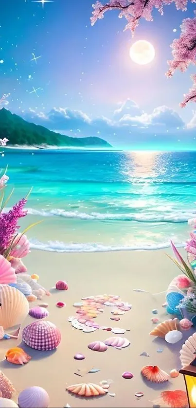 Colorful beach sunset wallpaper with seashells and ocean view.