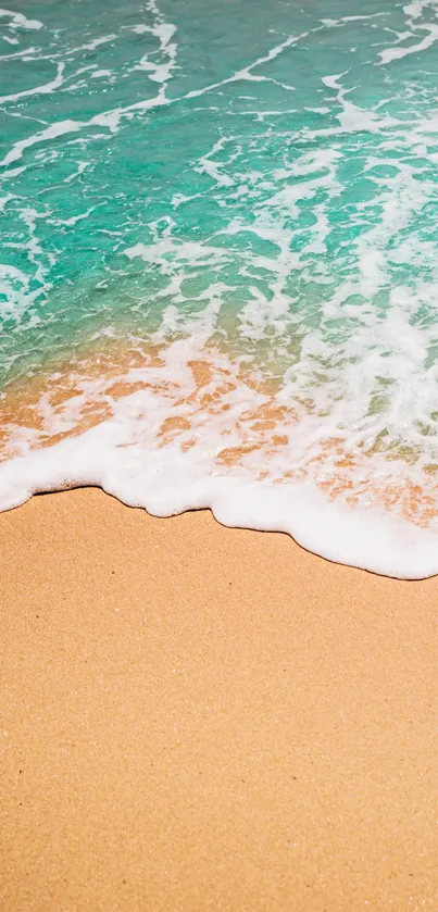 Turquoise waves crash gently onto golden sand.