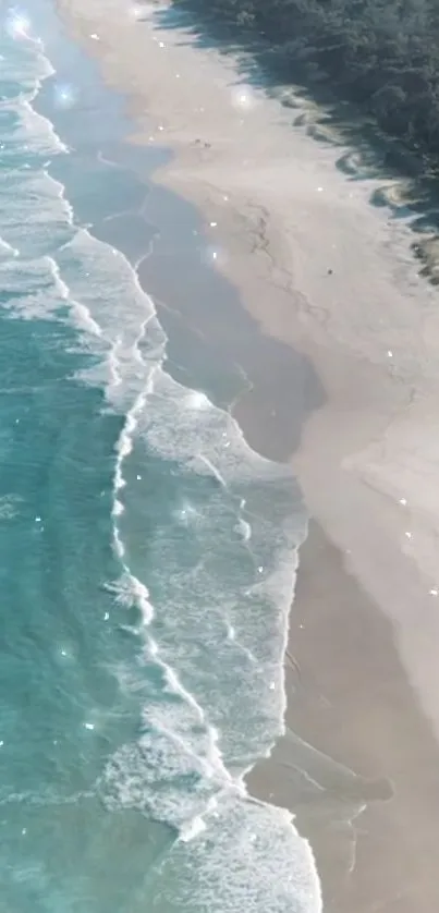 Turquoise ocean waves with a tranquil beach setting.