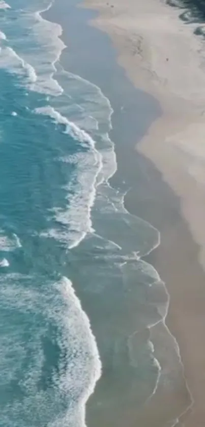 Aerial view of a beach with gentle ocean waves and soft sandy shoreline.