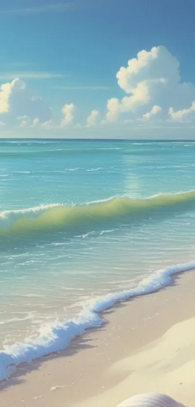 Tranquil beach wallpaper with blue waves and fluffy clouds.