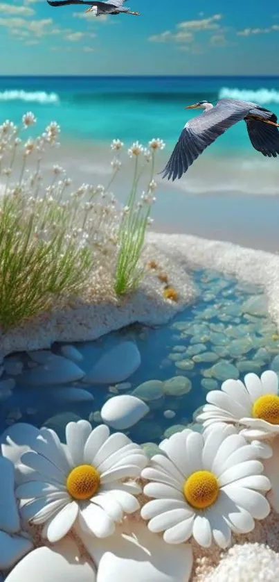 Beautiful beach scene with daisies and birds