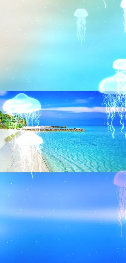 Peaceful beach with ethereal jellyfish floating above.