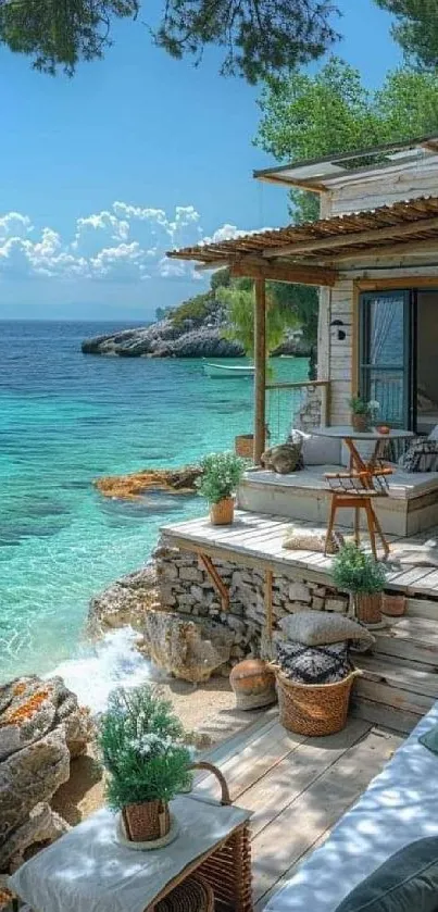 Stunning mobile wallpaper of a serene beachfront cabin by a turquoise ocean.