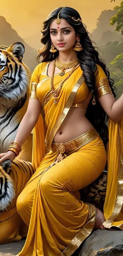 Woman in mustard yellow sari with tiger in a serene setting.