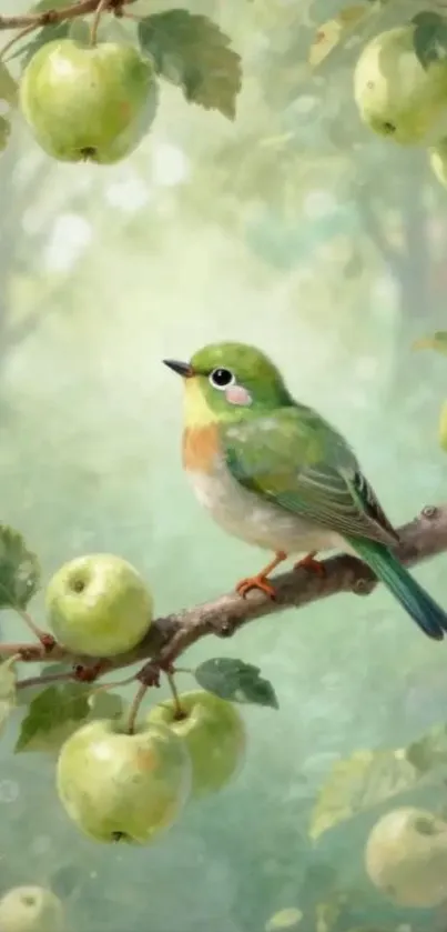 A serene green bird perched on an apple tree branch.